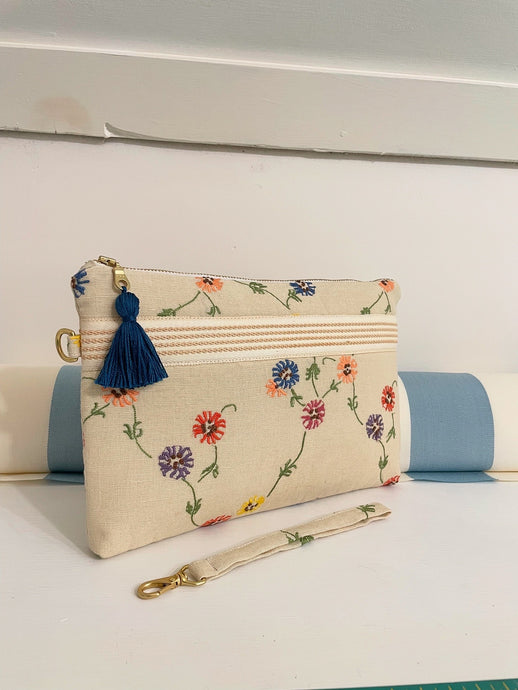 Flora - embroidered linen clutch bag
