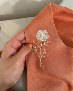 Elisabetta Bellu Hibiscust rust orange linen midi dress floral embroidery v neck Hamptons style 
