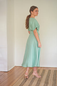 Elisabetta Bellu Spring Summer 2023 Belle green linen kimono dress with belt V neck side