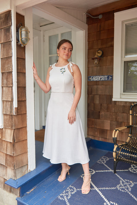 Elisabetta Bellu Spring Summer 2023 Lucienne white linen dress halter neck with ties floral embroidery