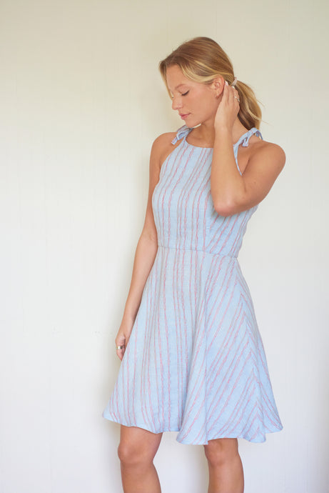 Elisabetta Bellu Spring Summer 2023 Renè light blue striped linen short dress halter neck with ties