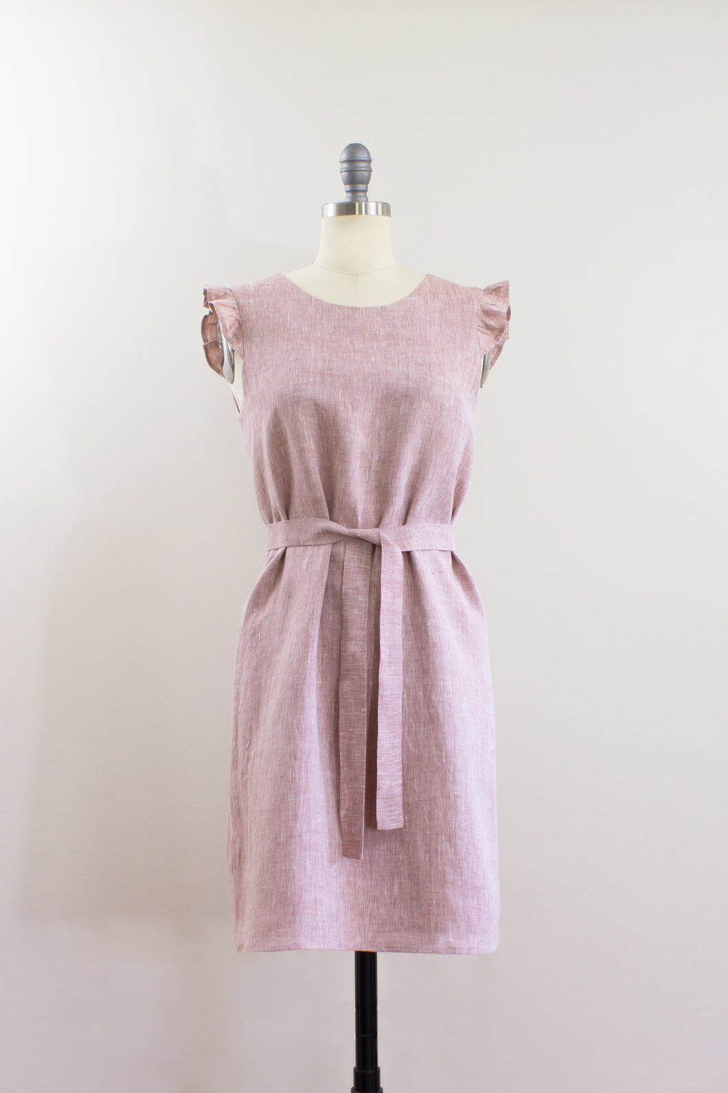 Elisabetta Bellu SS2020 Azalea handmade pink linen loose fit a line short belted shift dress ruffled armholes front
