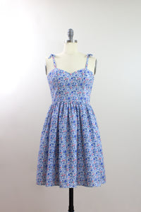 Elisabetta Bellu SS2020 Dahlia handmade blue floral cotton voile short dress with full gathered skirt front