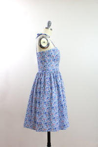 Elisabetta Bellu SS2020 Dahlia handmade blue floral cotton voile short dress with full gathered skirt side