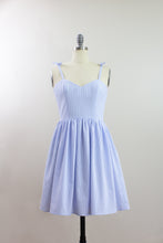 Elisabetta Bellu SS2020 Dahlia handmade blue cotton seersucker short dress with full gathered skirt front