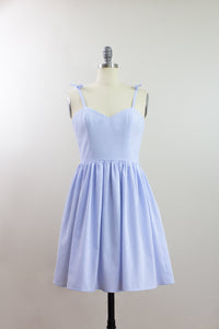 Elisabetta Bellu SS2020 Dahlia handmade blue cotton seersucker short dress with full gathered skirt front