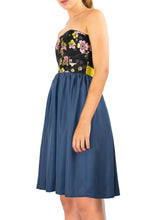 Elisabetta Bellu Rosa blue silk twill gathered skirt with floral brocade and lime faille belt