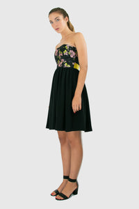 Elisabetta Bellu Rosa black silk twill gathered skirt with floral brocade and lime faille belt