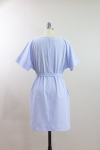Elisabetta Bellu SS2020 Sandy handmade blue cotton seersucker loose fit belted short kimono dress back