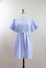 Elisabetta Bellu SS2020 Sandy handmade blue cotton seersucker loose fit belted short kimono dress front