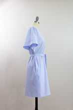 Elisabetta Bellu SS2020 Sandy handmade blue cotton seersucker loose fit belted short kimono dress side