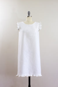 Elisabetta Bellu SS2020 Camellia handmade white linen loose fit a line short shift dress ruffled armholes and bottom front
