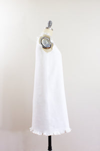Elisabetta Bellu SS2020 Camellia handmade white linen loose fit a line short dress ruffled armholes and bottom side