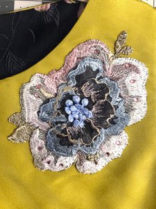 Elisabetta Bellu Ciana dress lime silk faille moire purple crepe de chine metallic embroidery detail 
