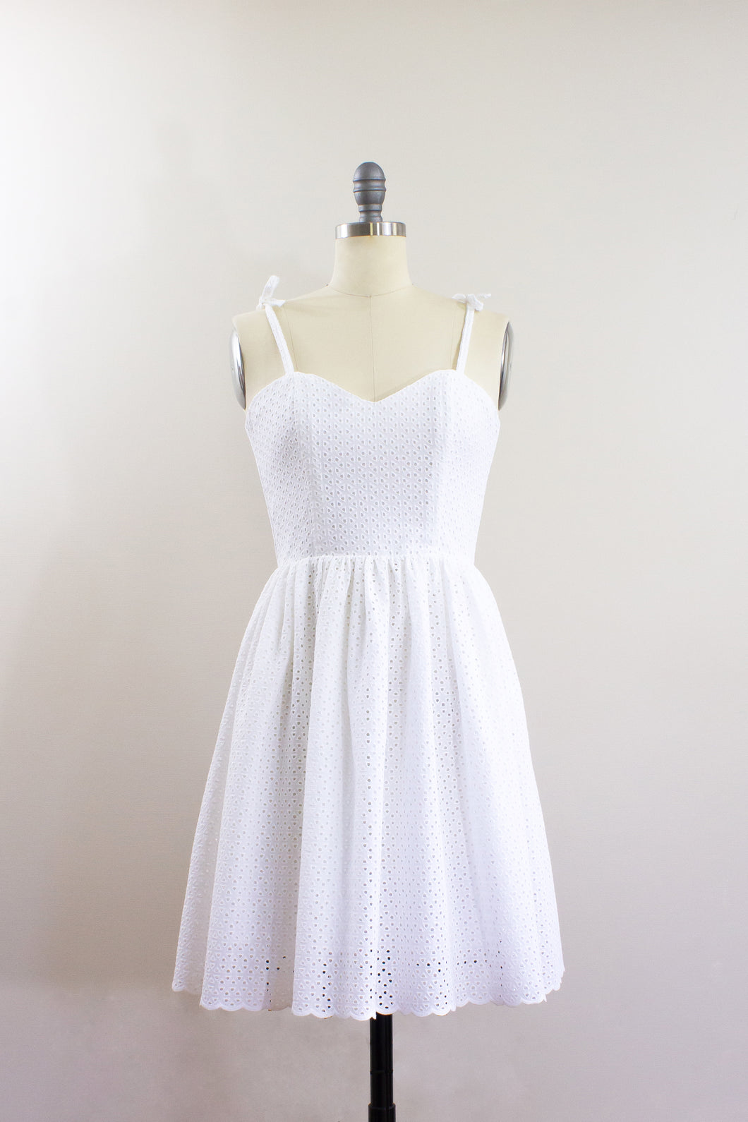 Elisabetta Bellu SS2020 Dahlia handmade white cotton eyelet short dress with full gathered skirt front