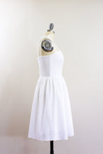 Elisabetta Bellu SS2020 Dahlia handmade white cotton eyelet short dress with full gathered skirt side
