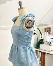 Elisabetta Bellu blue linen top handmade handcrafter shoulder bow strap ties