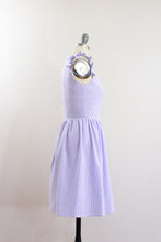 Elisabetta Bellu SS2020 Iris handmade lavender cotton seersucker short dress with gathered skirt and ruffled armholes V neck side